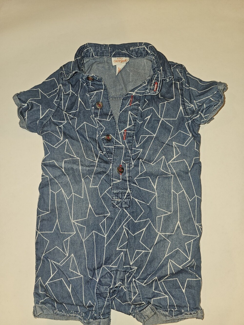 Good | 12M | Cat & Jack | Blue Chambray Star Print Short Sleeve Romper